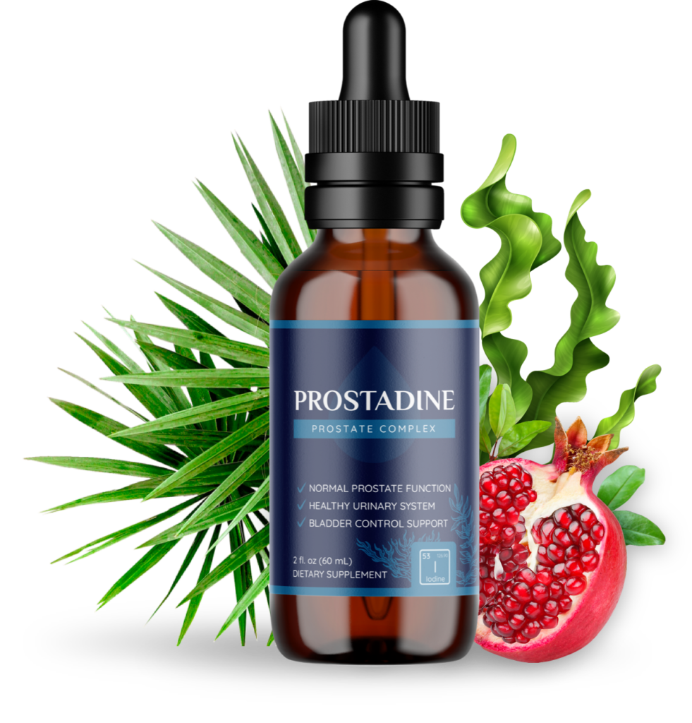 Prostadine liquid dietary supplement bottle with pomegranate and botanical ingredients