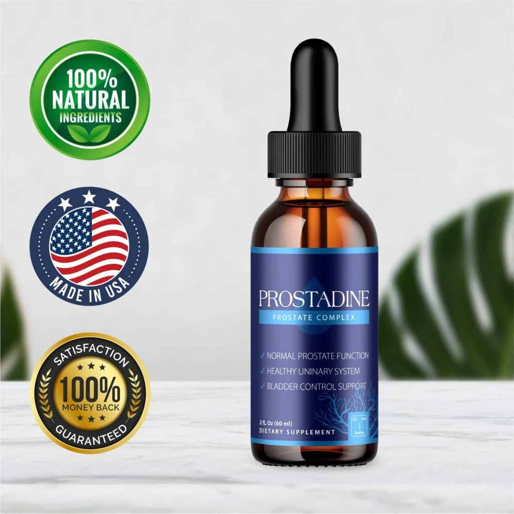 Prostadine dietary supplement bottle with natural ingredients and made in USA quality badges