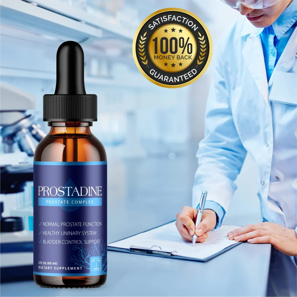 Prostadine liquid dietary supplement bottle with satisfaction guarantee badge in laboratory setting